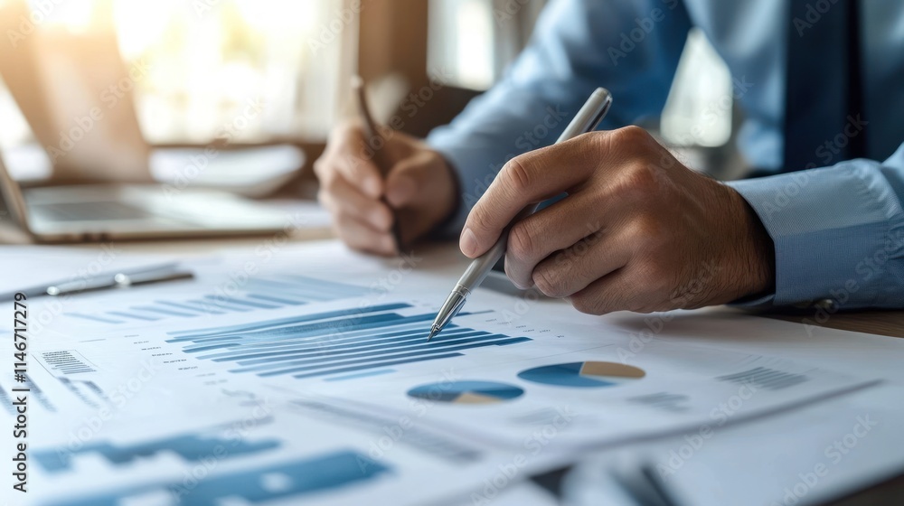 Close-up of hands analyzing financial charts and graphs. Close-up of hands analyzing financial charts and graphs.