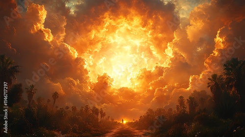 Fiery Sunset Over Palm Trees Path Person Walking