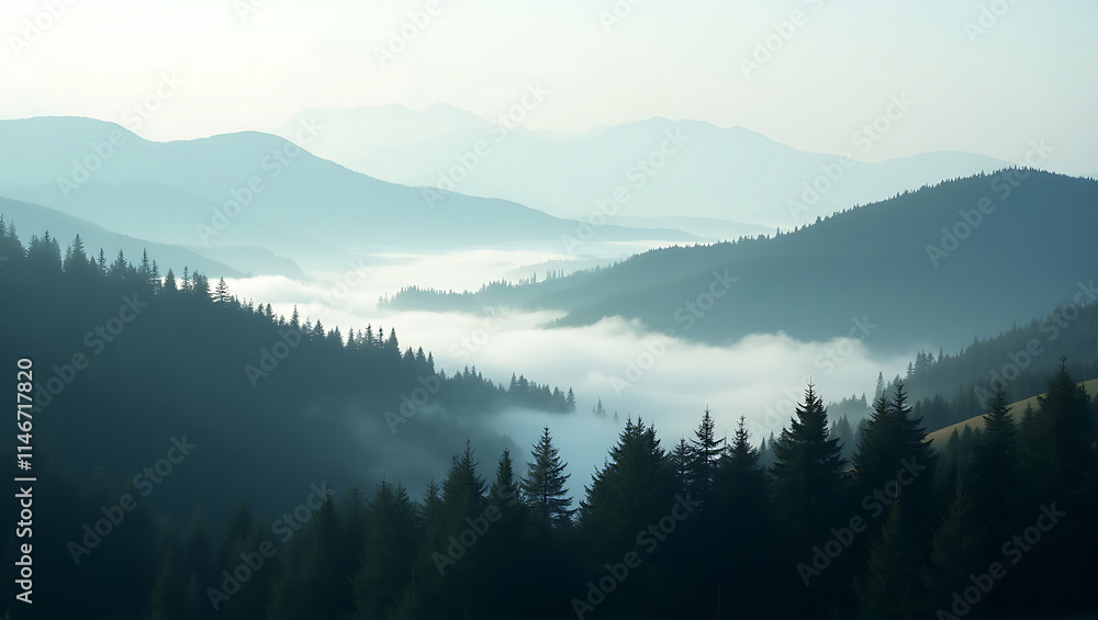 Obraz premium Misty mountains, fogcovered valleys, dark evergreen trees. Suitable for naturethemed designs, travel brochures, inspirational posters, and website backgrounds.