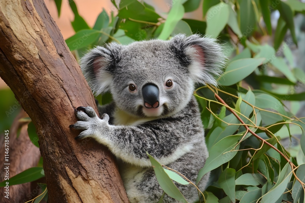 Fototapeta premium A koala perched on a tree branch surrounded by eucalyptus leaves.
