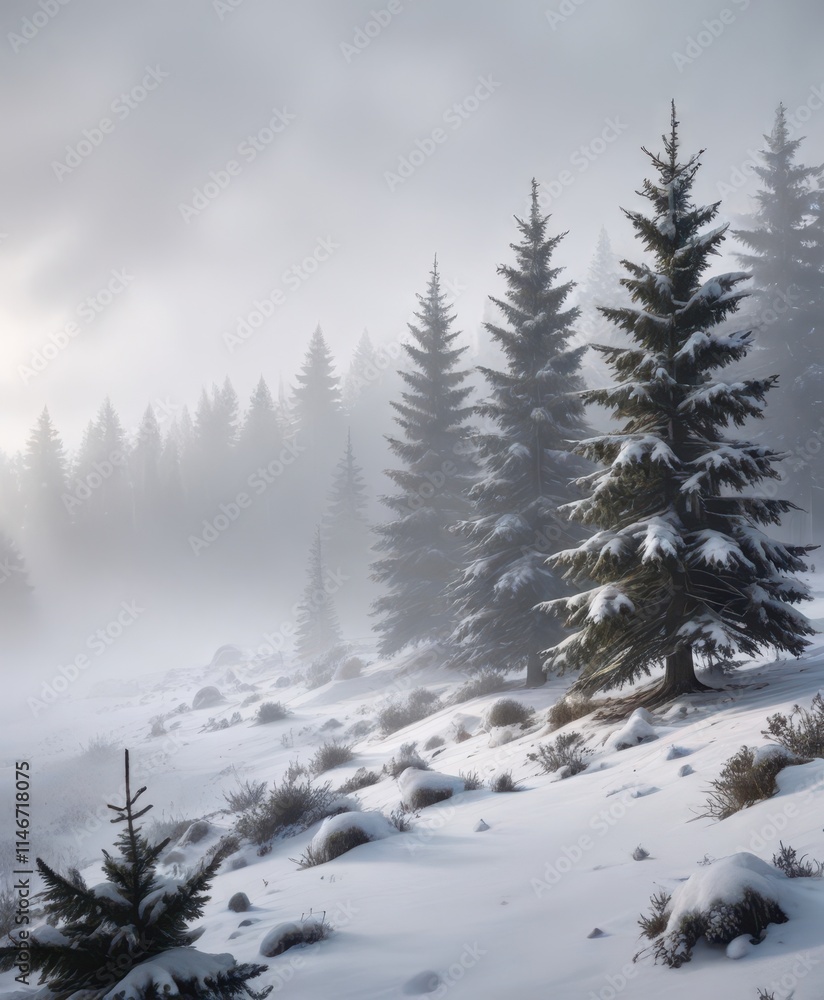 Snowy Christmas tree forest landscape with mist and fog, tree, fog, mist Snowy Christmas tree forest landscape with mist and fog, tree, fog, mist
