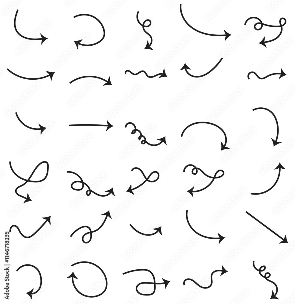 Collection hand drawn arrows. Set simple curved arrows isolated on white background. Collection of pointers. Vector illustration. Set of vector curved arrows hand drawn. Sketch doodle style. Collection hand drawn arrows. Set simple curved arrows isolated on white background. Collection of pointers. Vector illustration. Set of vector curved arrows hand drawn. Sketch doodle style.
