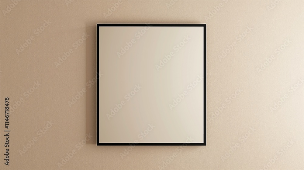 A rectangular mirror with a thin black frame, isolated on a plain beige wall. A rectangular mirror with a thin black frame, isolated on a plain beige wall.