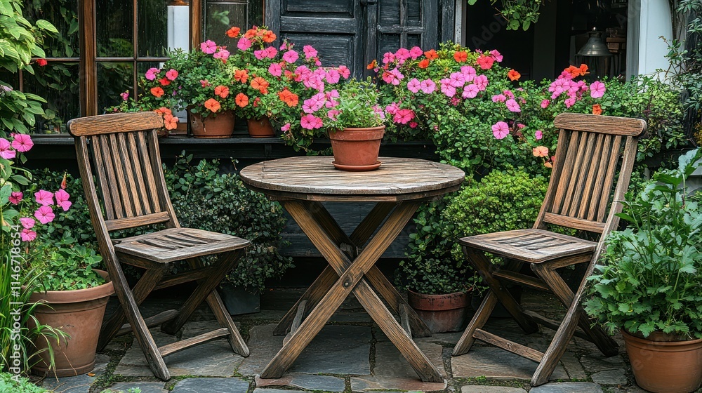 Obraz premium Cozy garden patio with wooden chairs and table, surrounded by colorful flowers.