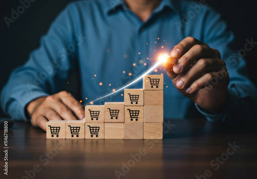 High-quality image illustrating a sales growth strategy concept with shopping cart icons on wooden blocks, an upward arrow graph, and glowing effects to symbolize success.