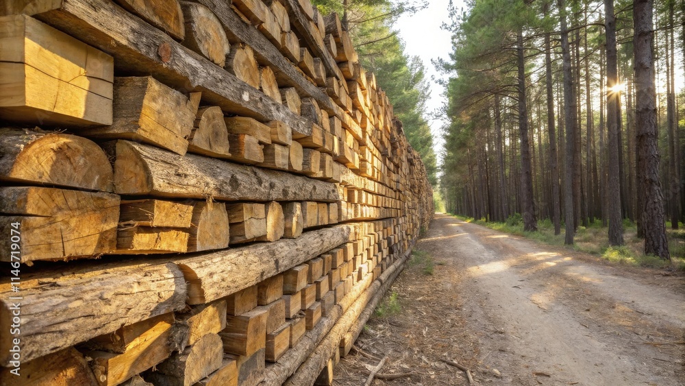 A towering wall of stacked logs lines a sun-drenched path through a dense forest, revealing the intricate patterns of nature's architecture. A towering wall of stacked logs lines a sun-drenched path through a dense forest, revealing the intricate patterns of nature's architecture.