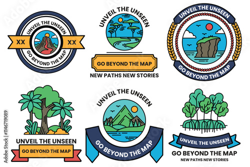 Set of illustrations in the concept of Natural tourist attractions in line style