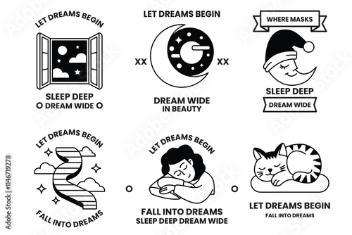 Set of illustrations in the concept of Sleep and sweet dreams in line style
