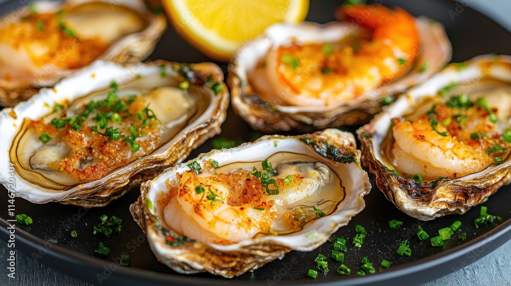 A plate of baked oysters topped with shrimp, herbs, and a lemon wedge, showcasing a delicious seafood dish perfect for gourmet dining. A plate of baked oysters topped with shrimp, herbs, and a lemon wedge, showcasing a delicious seafood dish perfect for gourmet dining.