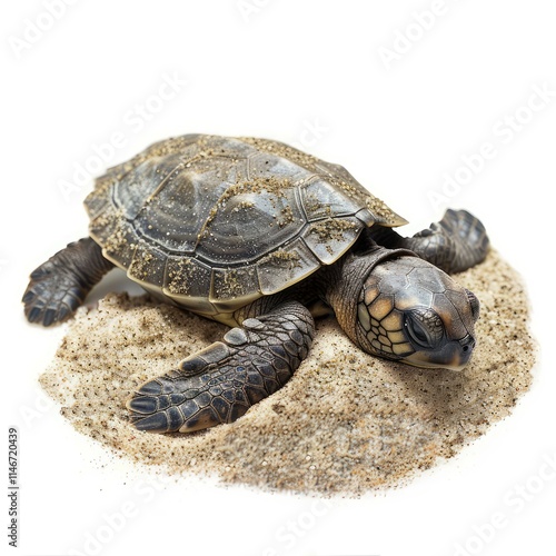 Baby sea turtle resting on a pile of sand, isolated on a white background, evokes themes of wildlife conservation and the delicate balance of marine ecosystems photo