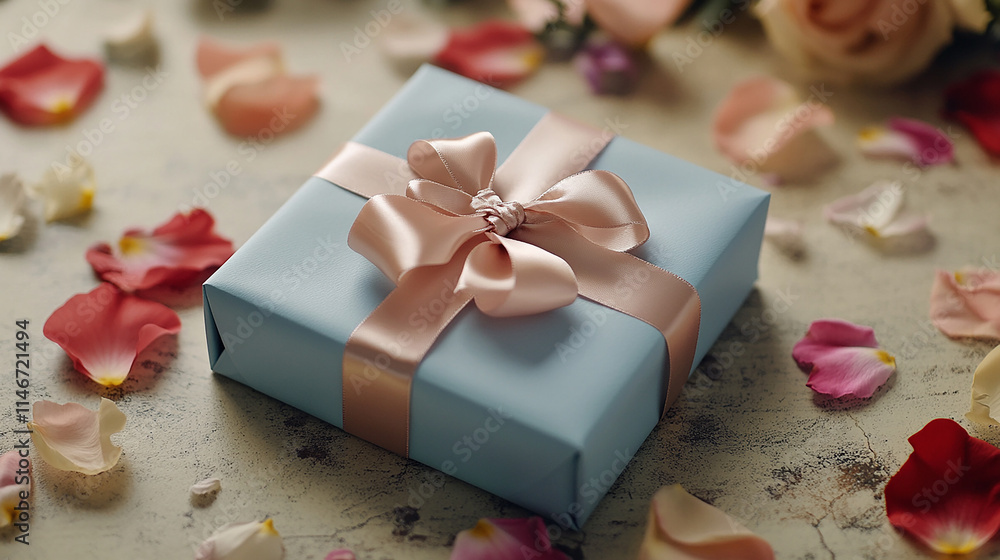 A blue box with pink ribbon sits on a table covered in pink petals. The box is a gift, and the pink petals suggest a romantic or sentimental occasion A blue box with pink ribbon sits on a table covered in pink petals. The box is a gift, and the pink petals suggest a romantic or sentimental occasion