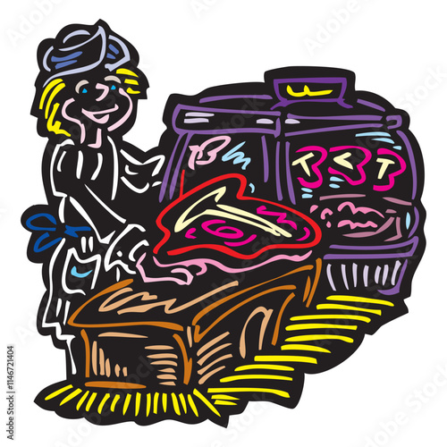 Poultry farm sustainable production chain isometric composition with slaughter house personnel cutting processing chicken meat vector illustration