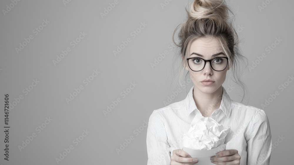 Young woman holding crumpled paper, looking concerned. Young woman holding crumpled paper, looking concerned.