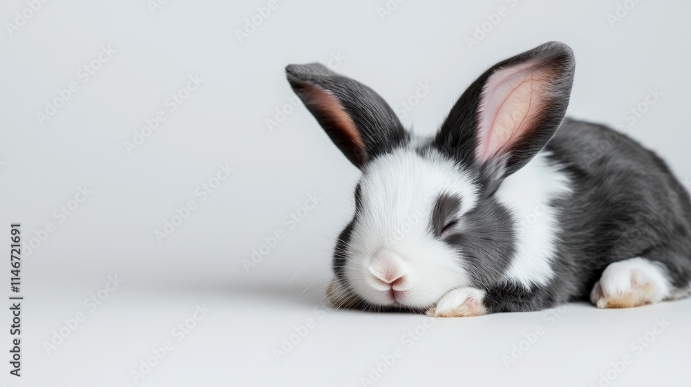 Fototapeta premium A cute black and white baby rabbit resting with its eyes closed on a clean white background.