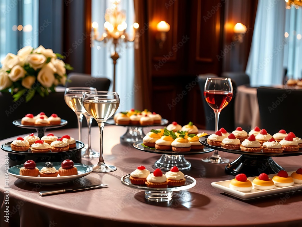 Naklejka premium A luxurious spread of gourmet appetizers, decadent desserts, fine wines, and premium cocktails on an elegantly decorated corporate party table, corporate, elegant