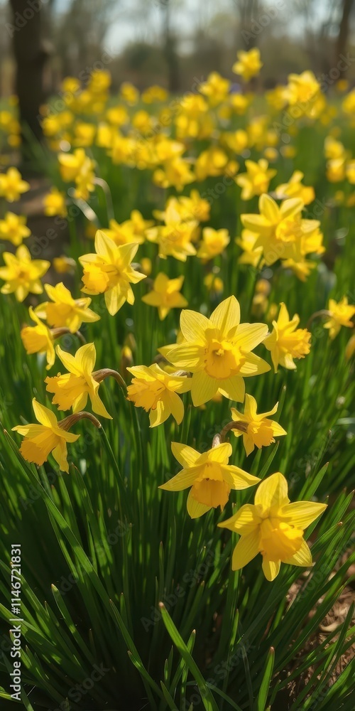 Fototapeta premium Vibrant yellow daffodils blooming in a sunlit field, narcissus, cheerful