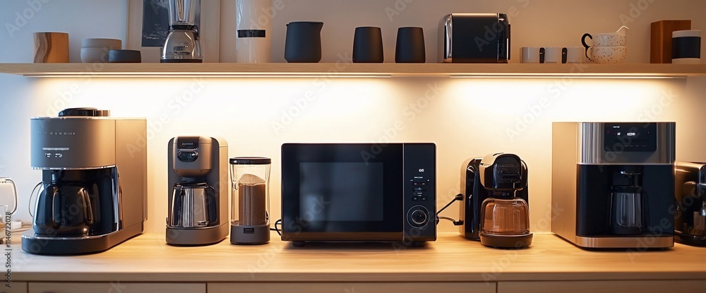 A modern kitchen countertop featuring various coffee and cooking appliances. A modern kitchen countertop featuring various coffee and cooking appliances.