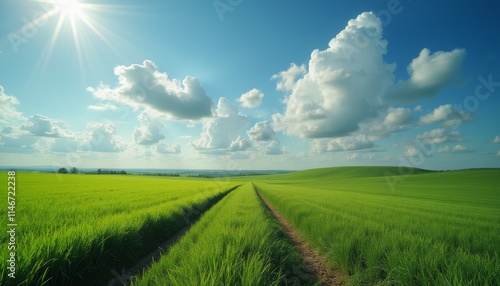 Vibrant green fields stretch endlessly under a brilliant blue sky adorned with fluffy white clouds. The sun shines brightly, casting a warm glow over the landscape, inviting a sense of peace and