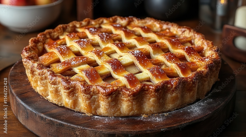A beautifully baked apple pie with a lattice crust, displayed on a wooden serving board. A beautifully baked apple pie with a lattice crust, displayed on a wooden serving board.