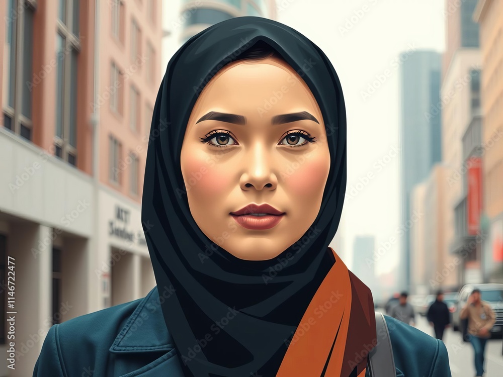 A modern Muslim woman wearing a stylish hijab walking through a bustling urban cityscape, fashion, representation A modern Muslim woman wearing a stylish hijab walking through a bustling urban cityscape, fashion, representation