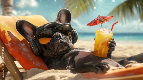 Cool black French bulldog enjoys a sunny day on the beach with a tropical drink