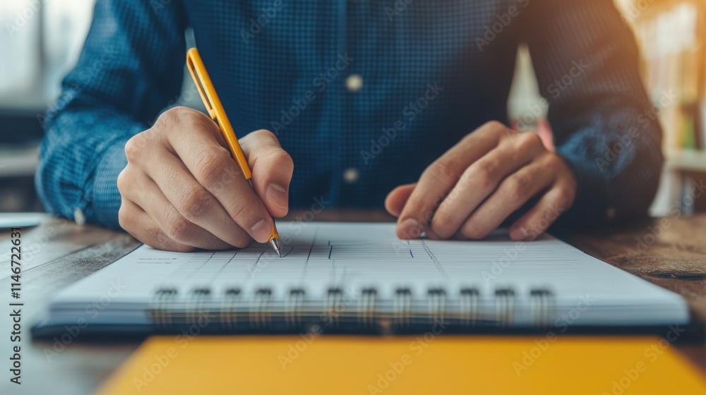A person is writing in a notebook with a pencil, focusing intently on their work at a wooden table, illuminated by natural light. A person is writing in a notebook with a pencil, focusing intently on their work at a wooden table, illuminated by natural light.