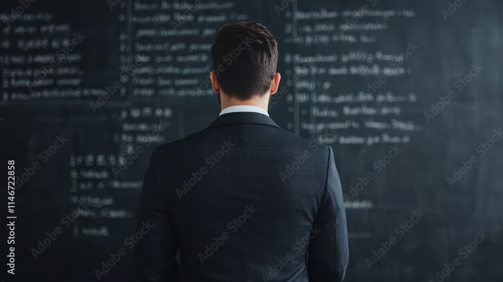 A man in a suit stands in front of a chalkboard filled with notes, suggesting a teaching or brainstorming environment. A man in a suit stands in front of a chalkboard filled with notes, suggesting a teaching or brainstorming environment.