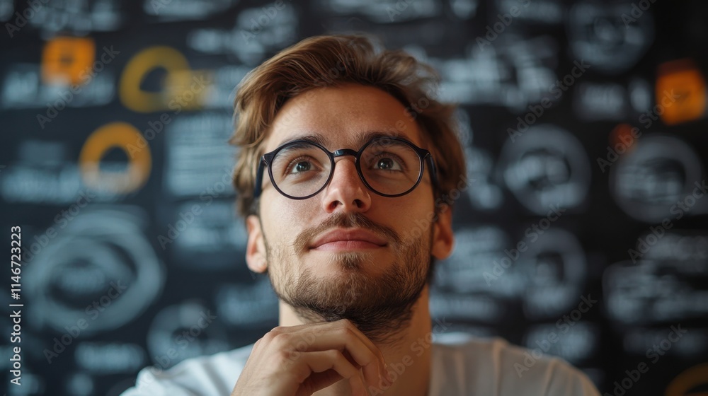 A thoughtful young man with glasses gazes upward, surrounded by a backdrop of creative sketches and designs. A thoughtful young man with glasses gazes upward, surrounded by a backdrop of creative sketches and designs.