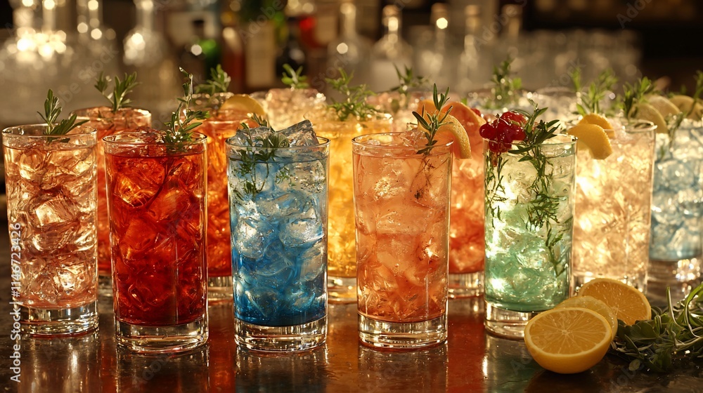 Colorful iced cocktails with herbs and citrus garnishes. Colorful iced cocktails with herbs and citrus garnishes.