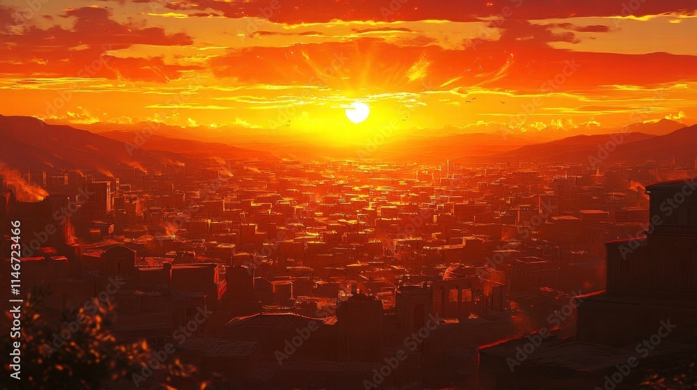 Obraz premium fiery sunset over ancient cityscape