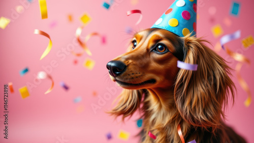 A long-haired dachshund with a party hat surrounded by confetti.