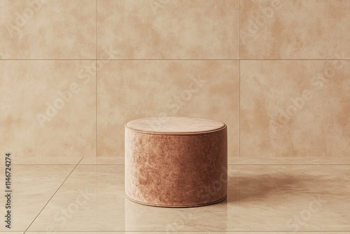 cylindrical podium covered with soft velvet placed on smooth ceramic tile under warm lighting photo