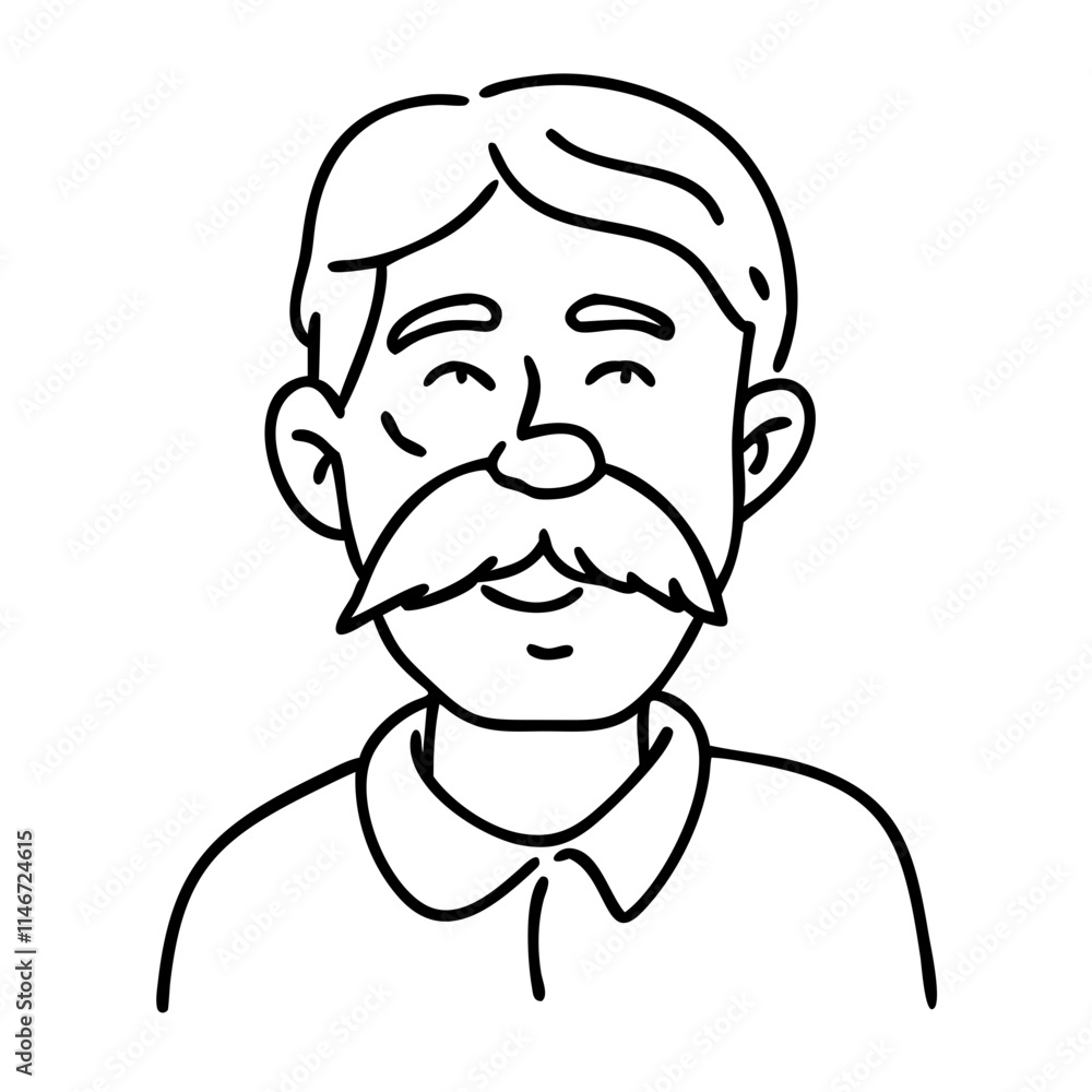Smiling Elderly Man with Moustache Line Art Portrait Illustration Smiling Elderly Man with Moustache Line Art Portrait Illustration