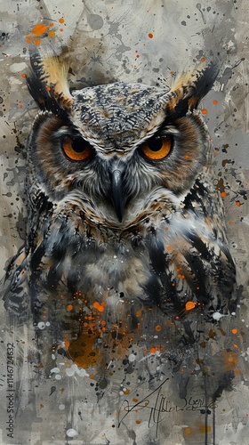 Artistic owl portrait with splattered paint effect