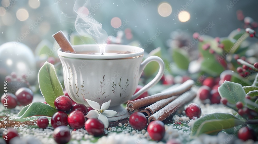 Fototapeta premium A steaming cup of cider surrounded by cinnamon sticks and cranberries, capturing the essence of Thanksgiving, isolated on a festive background.