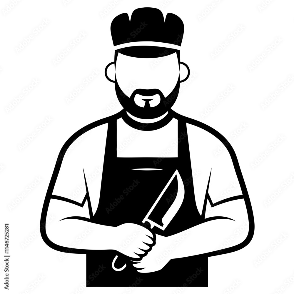 Butcher Chef Vector Illustration with Knife and Beard Butcher Chef Vector Illustration with Knife and Beard