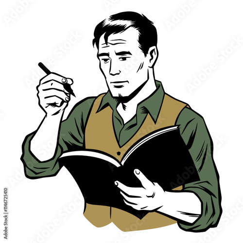 Thoughtful Man Reading and Writing in Notebook Vector Illustration