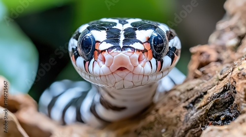 Close-up of a black, white, and red banded snake's head peering from behind a tree trunk. photo