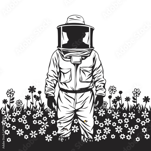  Beekeeper in Protective Suit Among Flowers Vector Illustration