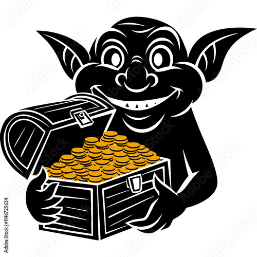  Cartoon Goblin Holding Treasure Chest Filled with Gold Coins Vector Art