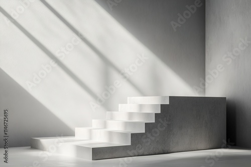 podium shaped like minimalist staircase displayed on clean textured gray platform under diffused natural light photo