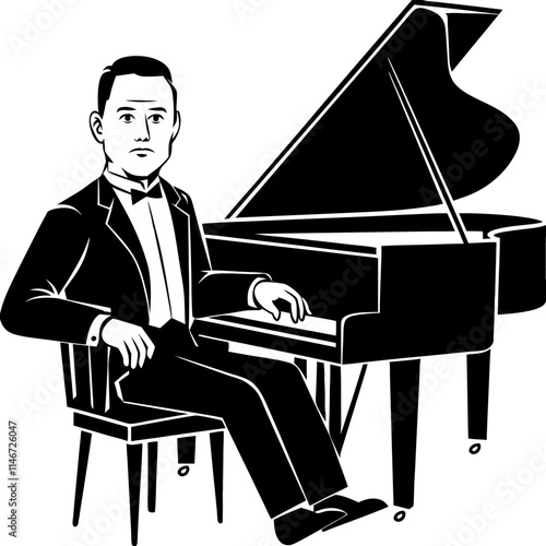  Elegant Man in Tuxedo Playing Grand Piano Vector Illustration