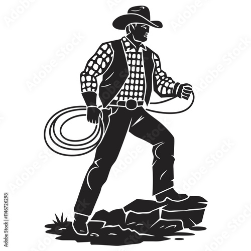 Cowboy Vector Illustration Classic Western Style with Lasso on Rocky Terrain