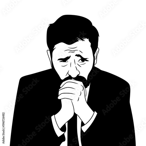  Worried Man in Suit Pondering Anxiety Stress Expression Vector Illustration