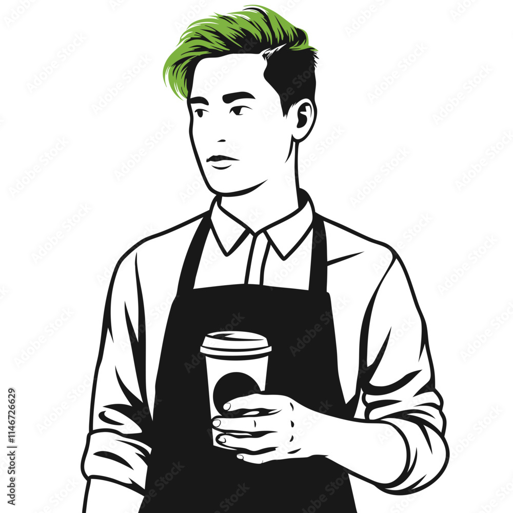 Barista with Trendy Green Hair Holding Coffee Cup in Apron Vector Art Barista with Trendy Green Hair Holding Coffee Cup in Apron Vector Art