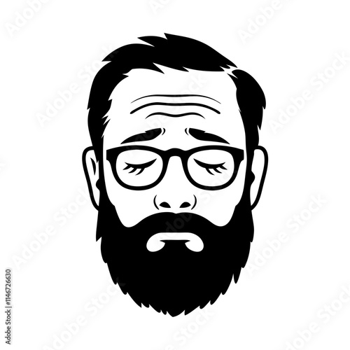   Bearded Man with Glasses in Meditative Sadness Vector Illustration