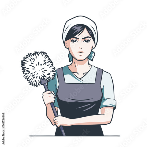  Serious Maid Cartoon Vector Woman Holding Feather Duster Cleaning Professional