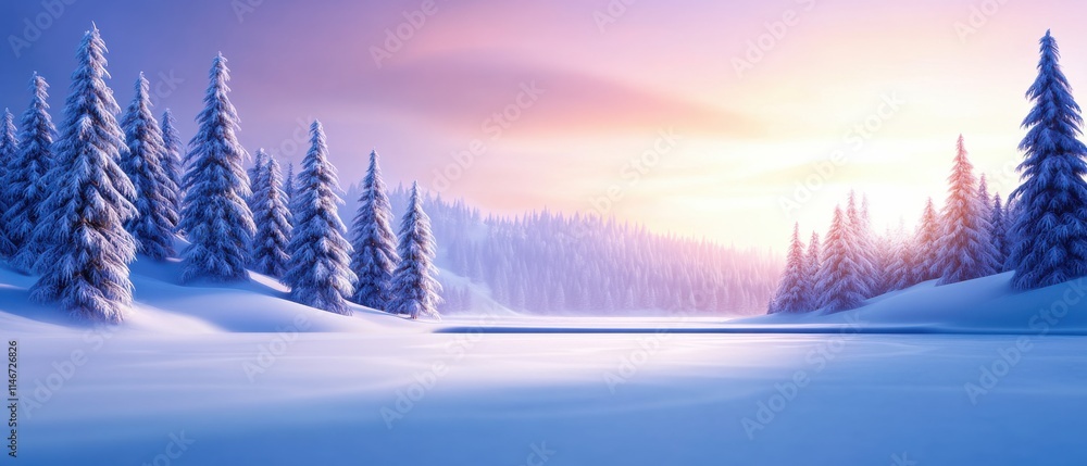 A serene winter landscape with snow-covered trees and a tranquil lake reflecting a colorful sunrise.