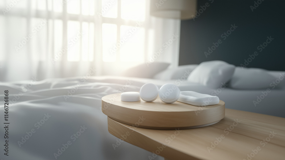 A selection of sleep aid products, such as eye masks and earplugs, arranged on a simple wooden bedside table. A selection of sleep aid products, such as eye masks and earplugs, arranged on a simple wooden bedside table.