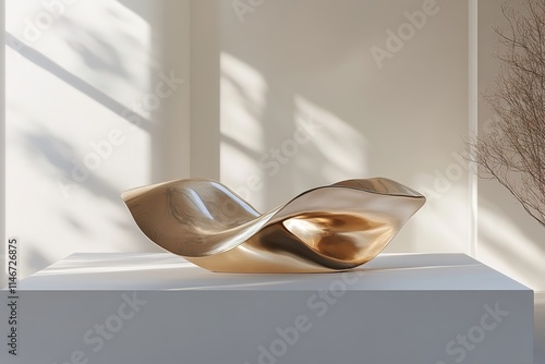 sculptural podium with twisted design made of polished brass displayed on smooth white platform under directional light